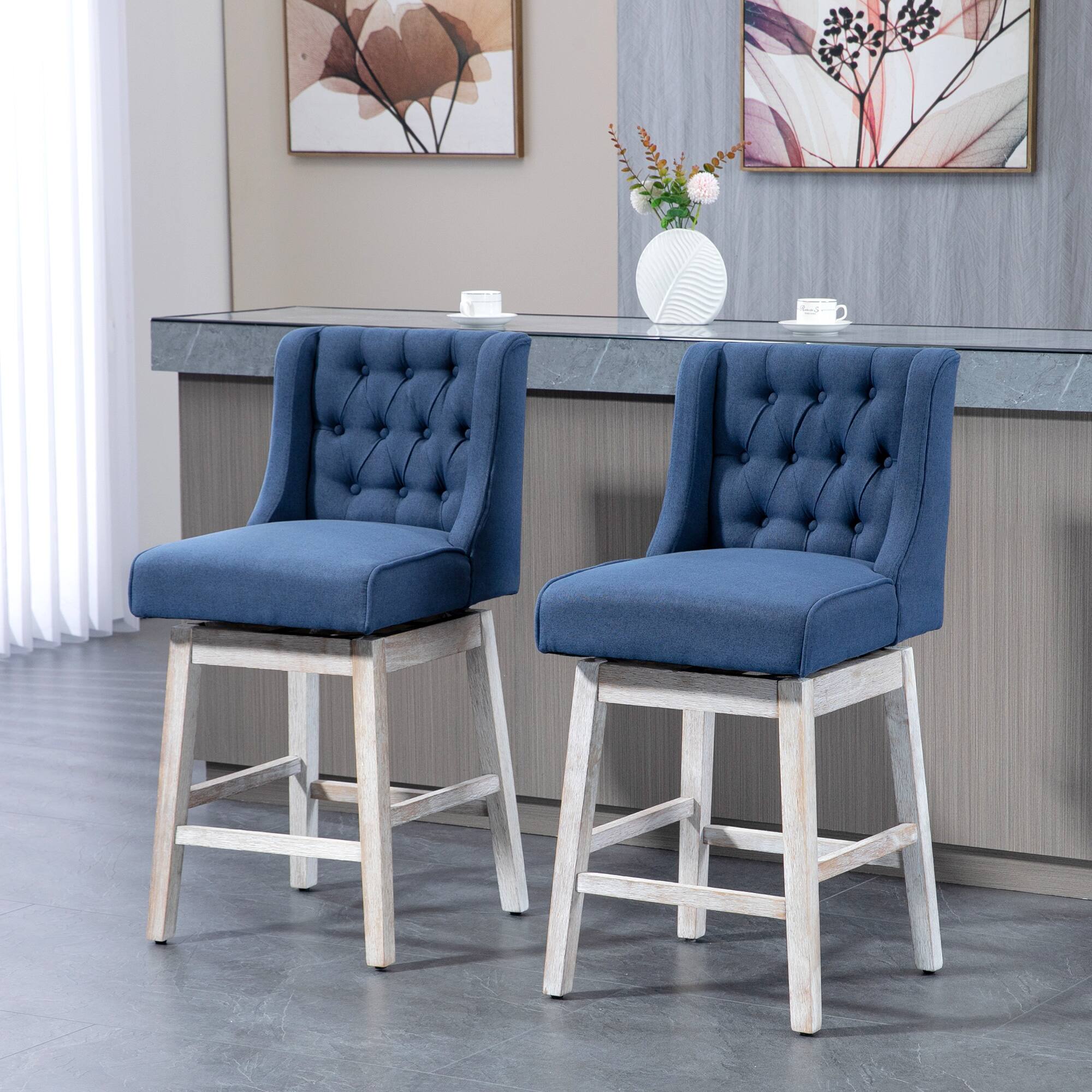 Angle. Homcom - Bar Height Bar Stools Set of 2, 180 Degree Swivel Barstools with Solid Wood Footrests and Button Tufted Design - Blue.