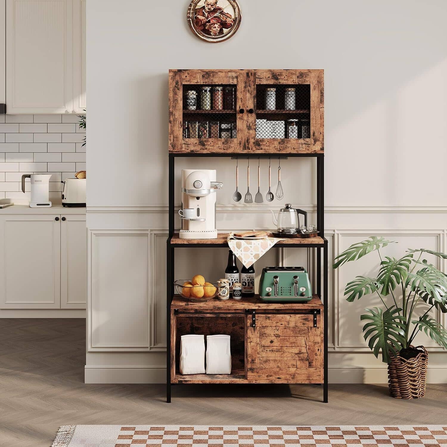 GARVEE - 6 Tier Bakers Rack with Storage - Kitchen Microwave Stand with Cabinets and Power Outlet - Rustic Brown - Brown