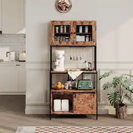 GARVEE - 6 Tier Bakers Rack with Storage - Kitchen Microwave Stand with Cabinets and Power Outlet - Rustic Brown - Brown
