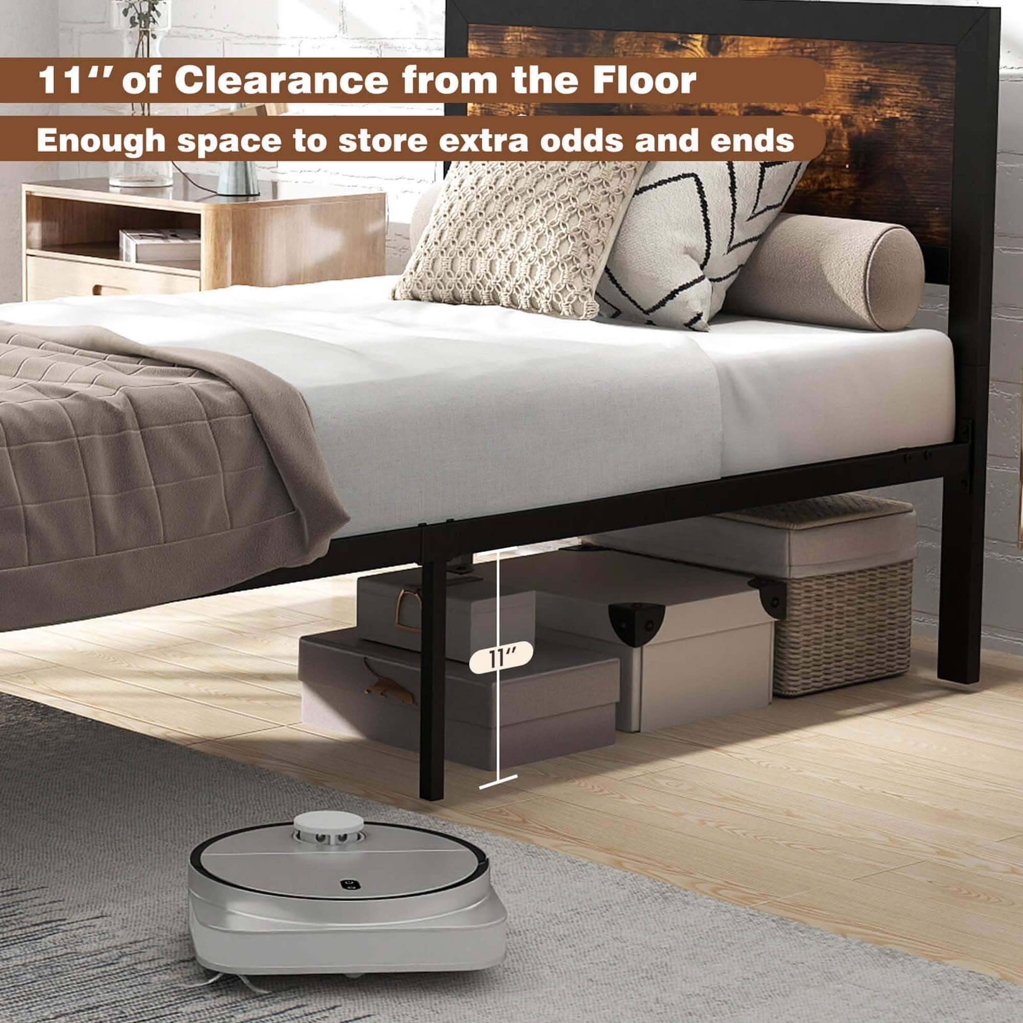 11" of clearance from the floor is enough space to store extra odds and ends.