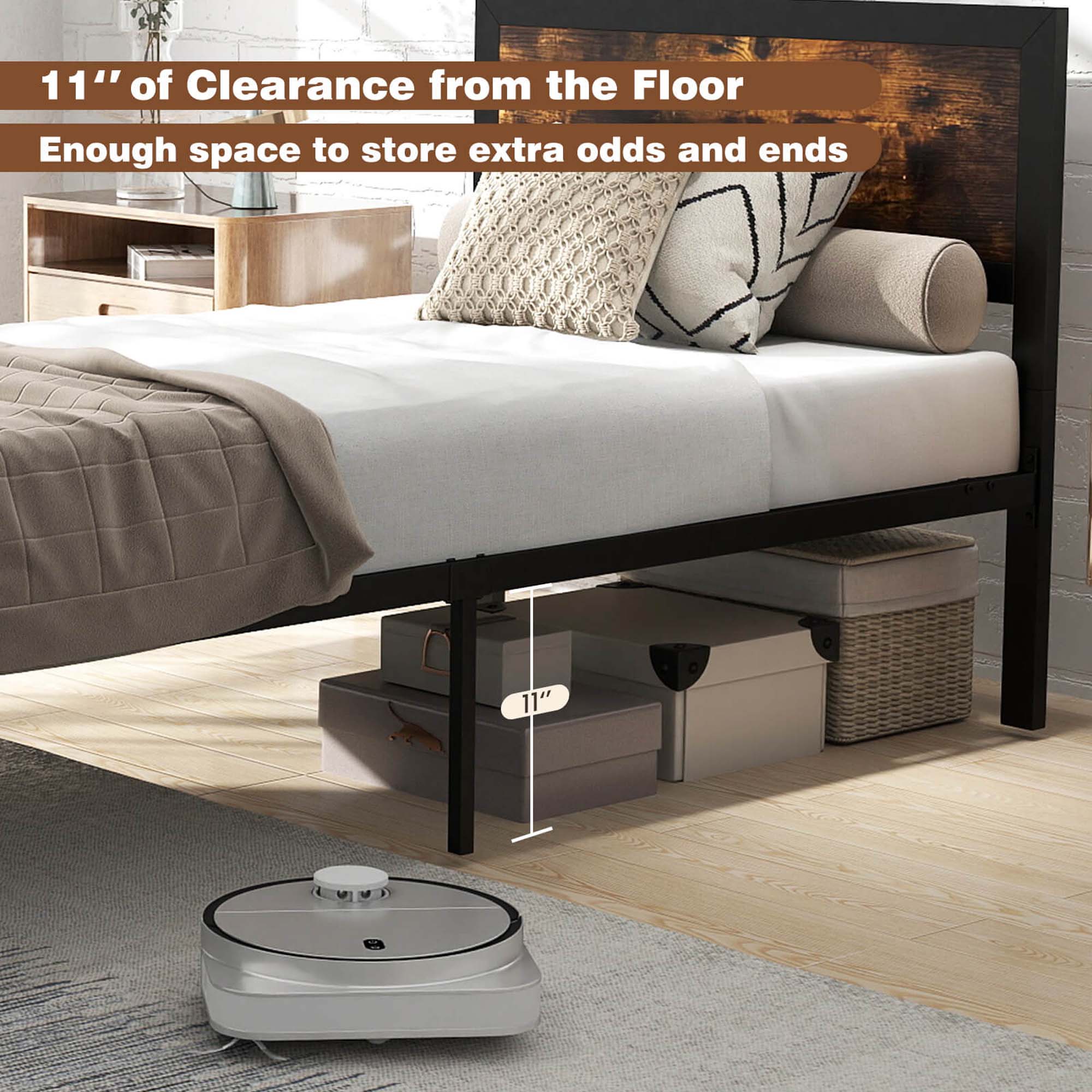 11" of clearance from the floor is enough space to store extra odds and ends.