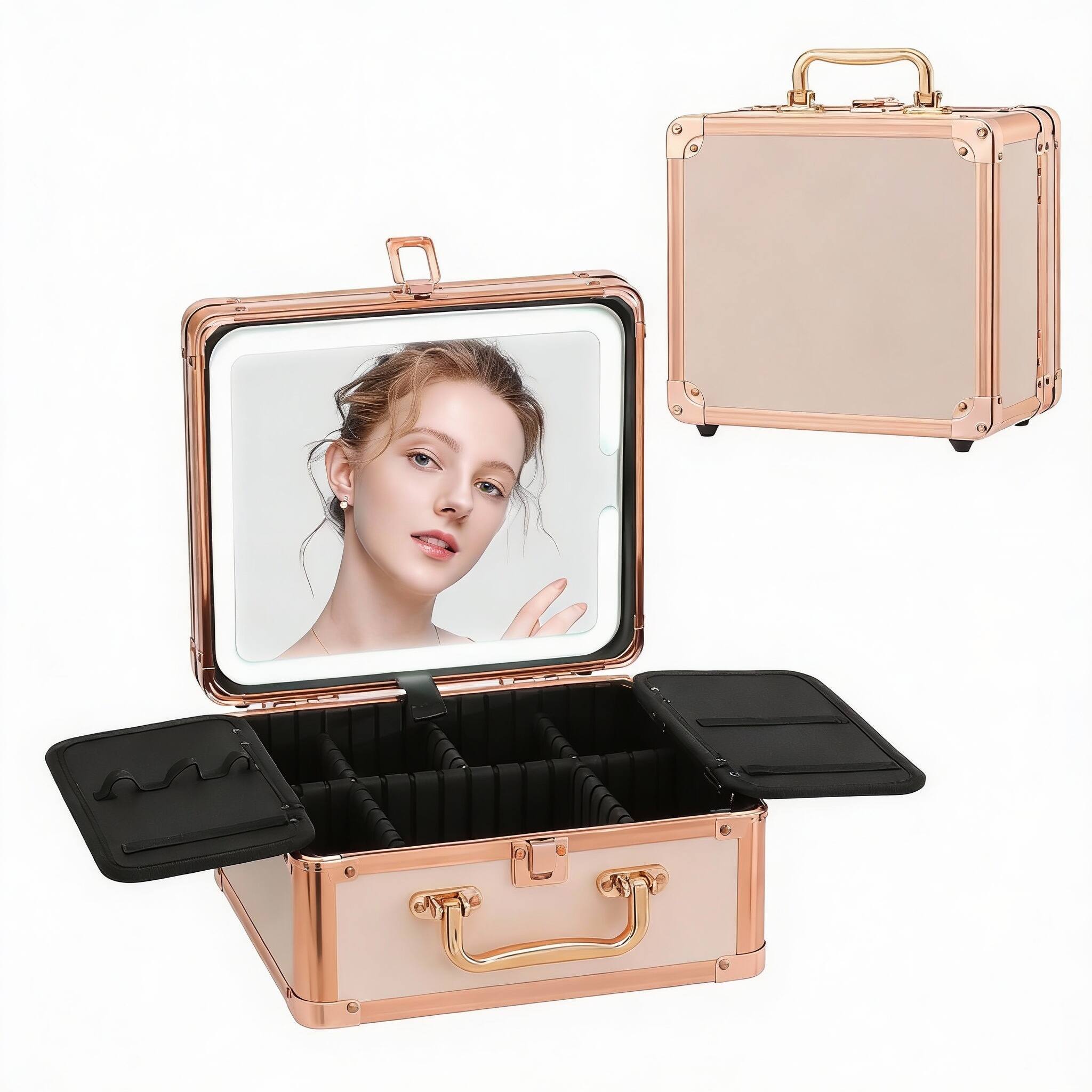 Front. OMOMMD - Makeup Box With Lighted Mirror Portable Case Organizer off - cream color.