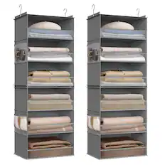 Front. Songmics Home - Set of 2 Hanging Closet Organizers, 6-Tier Fabric Storage Shelf, Separable Closet Hanging Shelf with Side Pockets - Dove Gray.