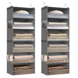 Songmics Home - Set of 2 Hanging Closet Organizers, 6-Tier Fabric Storage Shelf, Separable Closet Hanging Shelf with Side Pockets - Dove Gray