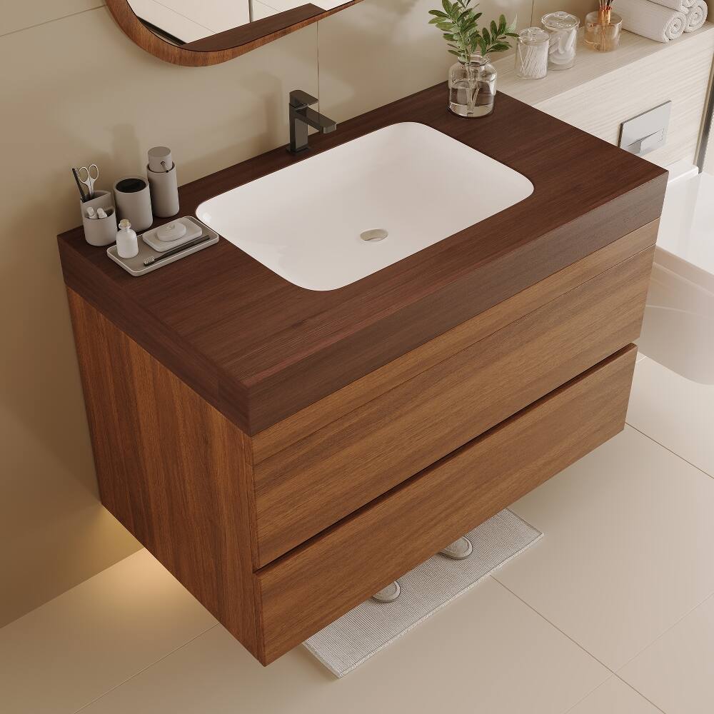 Back. Loheer - Loheer 29.9 inch floating bathroom vanity Walnut Wall Mounted Vanity with Sink - Walnut.