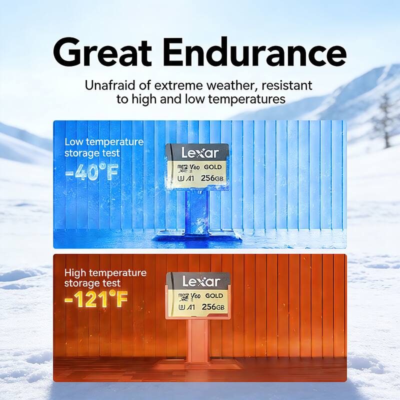 Great Endurance  
Unafraid of extreme weather, resistant to high and low temperatures  

Low temperature storage test -40°F  
Lexar V60 GOLD XC a U A1 256GB  

High temperature storage test -121°F  
Lexar 1842 Vo0 GOLD @ A1 256GB