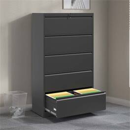 HTUTWOO - Metal Lateral File Cabinet with Lock - 5 Drawer Lockable File Cabinet for Home Office, Legal/Letter/A4/F4 Size - Black