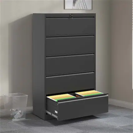 Front. HTUTWOO - Metal Lateral File Cabinet with Lock - 5 Drawer Lockable File Cabinet for Home Office, Legal/Letter/A4/F4 Size - Black.