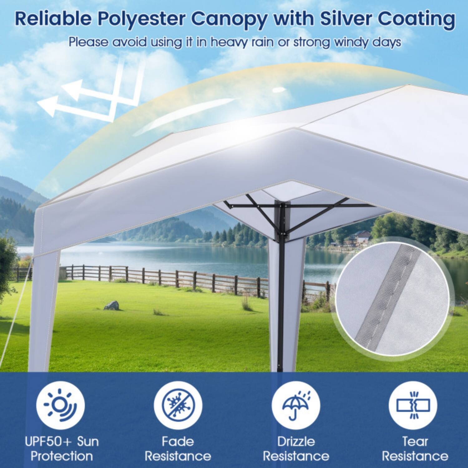 Reliable Polyester Canopy with Silver Coating  
Please avoid using it in heavy rain or strong windy days  

- UPF50+ Sun Protection  
- Fade Resistance  
- Drizzle Resistance  
- Tear Resistance