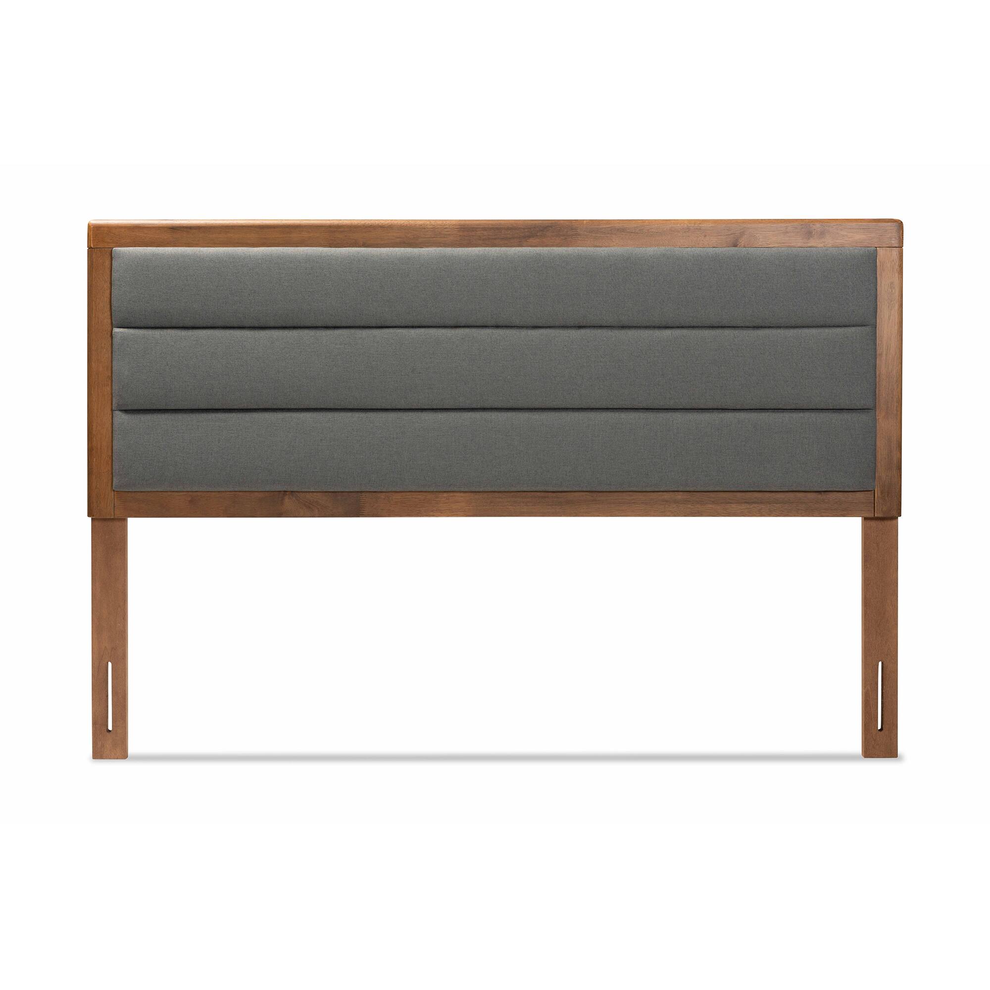 Angle. Baxton Studio - Dexter Modern and Contemporary Fabric Upholstered and Finished Wood Full Size Headboard - Dark Grey/Walnut Brown.