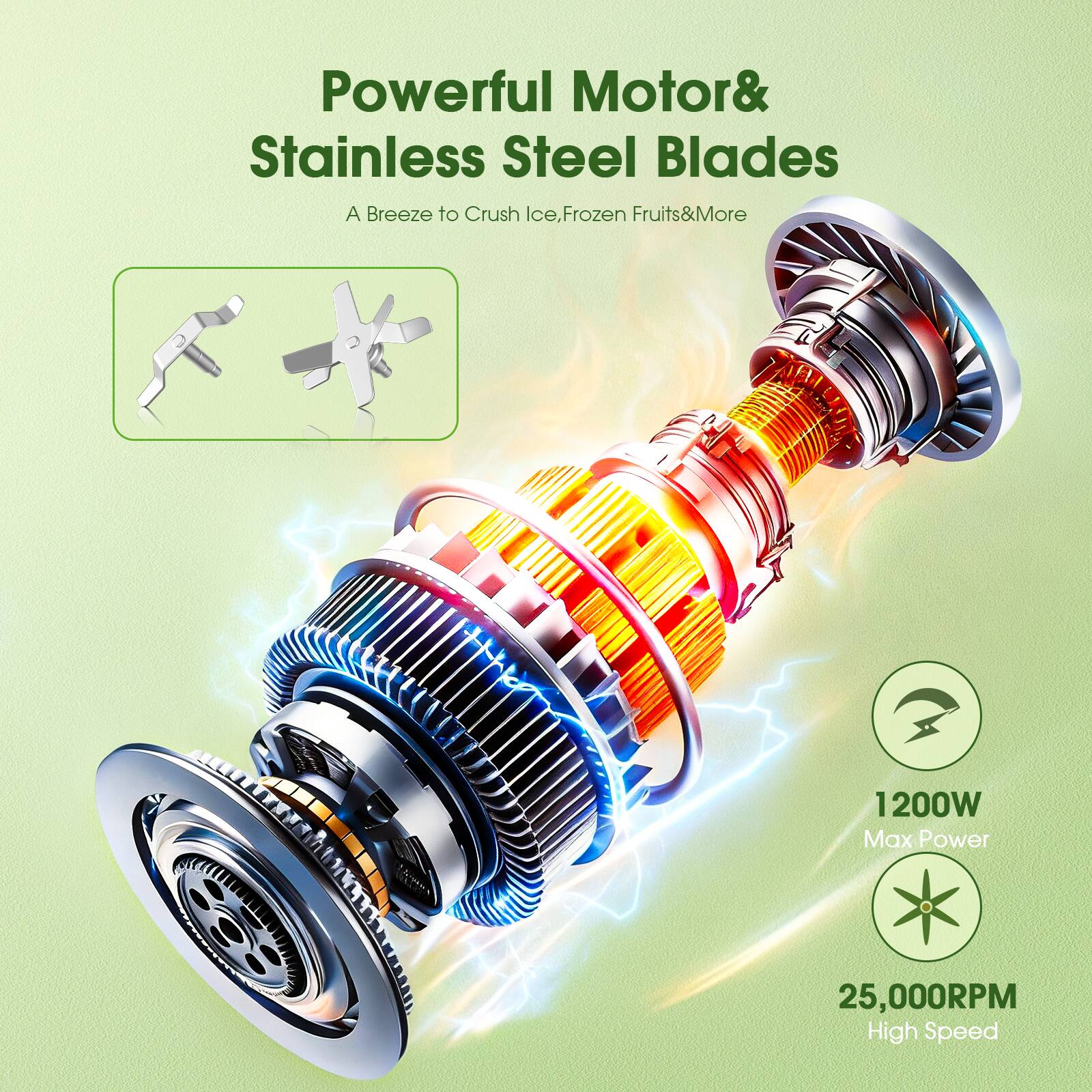Powerful Motor & Stainless Steel Blades  
A Breeze to Crush Ice, Frozen Fruits & More  

1200W Max Power  
25,000RPM High Speed