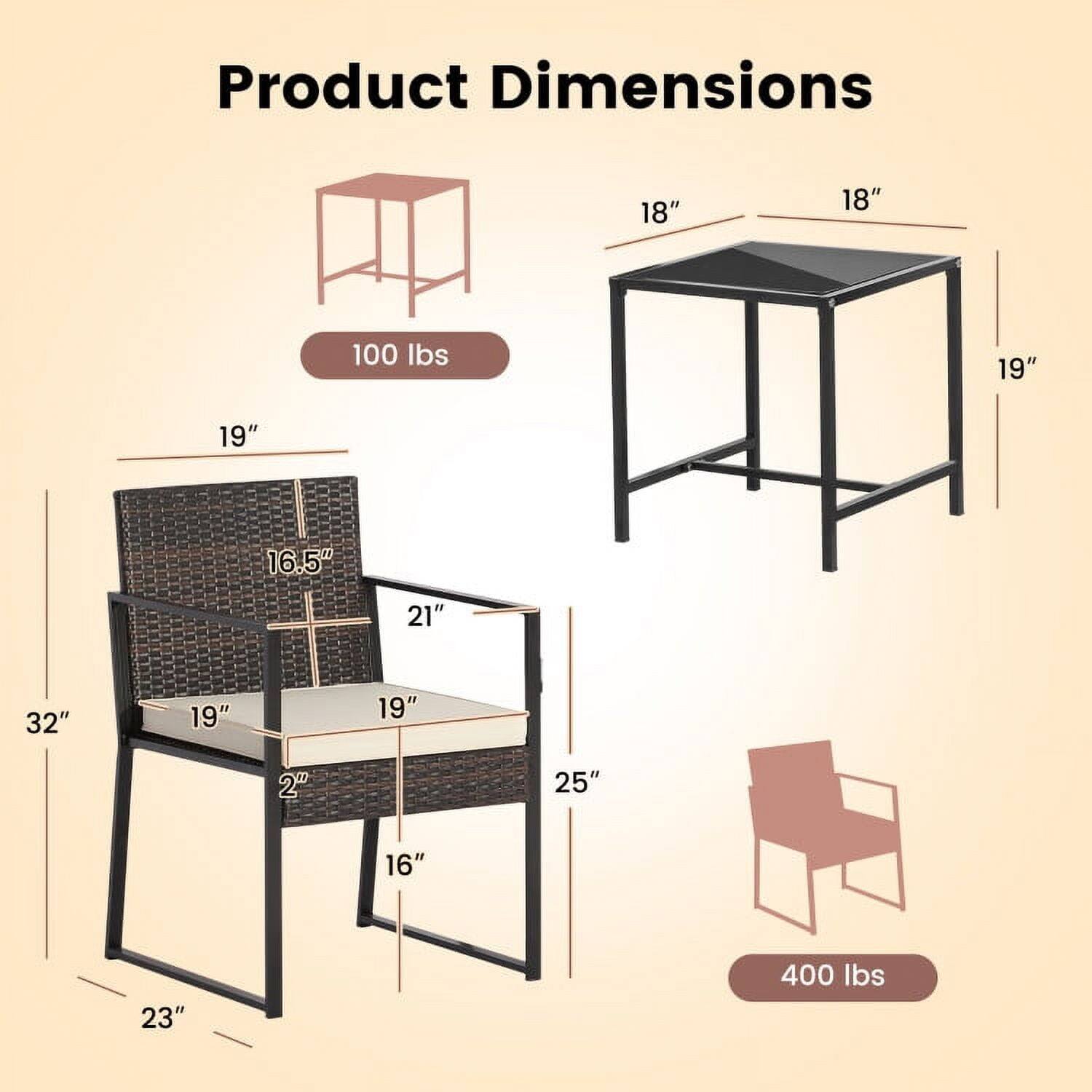 Product Dimensions:  
- Table: 18" x 18" x 19" (100 lbs)  
- Chair: 19" x 16.5" x 21" x 32" x 19" x 19" x 2" x 25" x 16" x 23" (400 lbs)