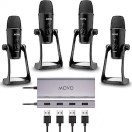 MOVO - USB Podcast Equipment Bundle for 4 with USB Interface with 4 Condenser Microphones