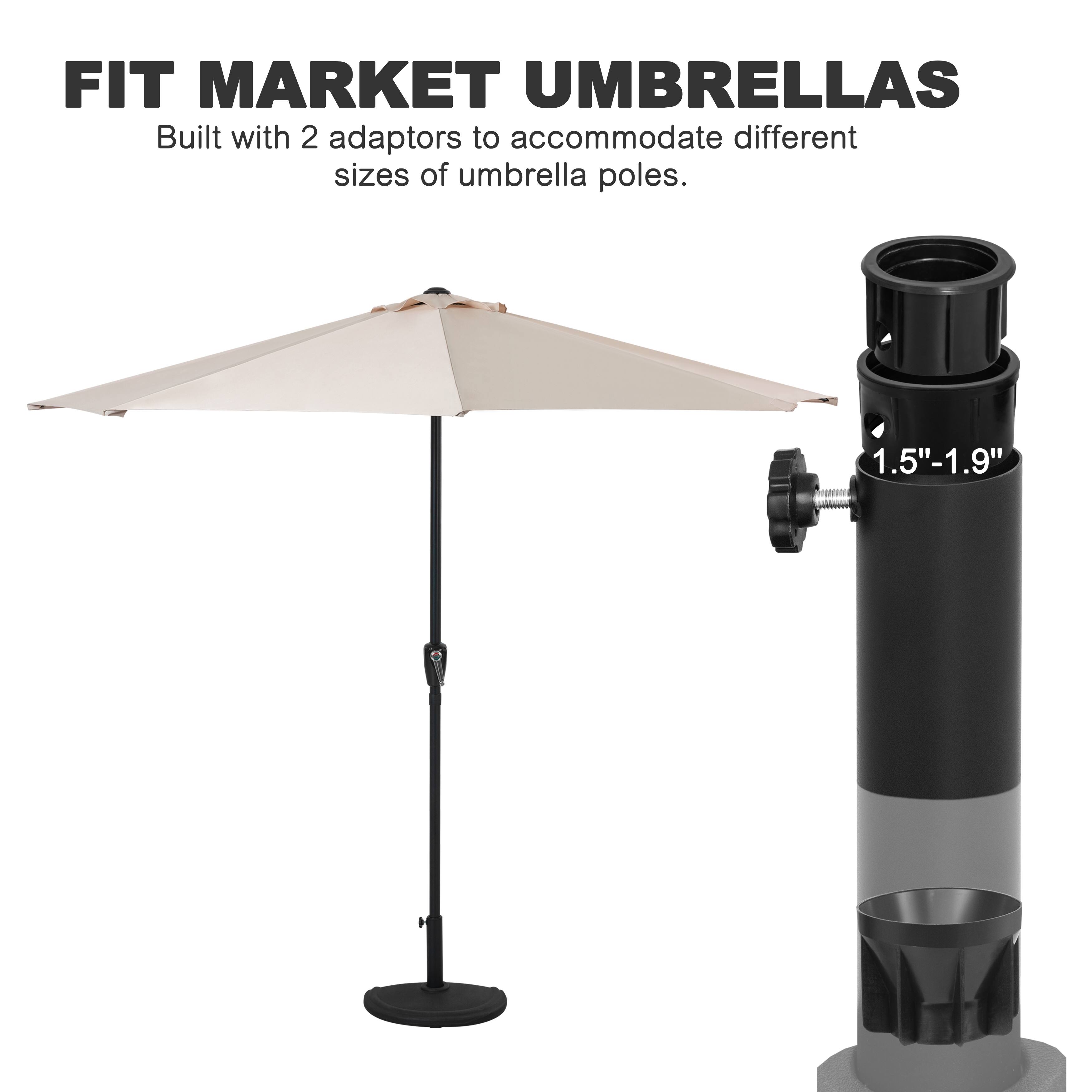 FIT MARKET UMBRELLAS  
Built with 2 adaptors to accommodate different sizes of umbrella poles.  
1.5"-1.9"
