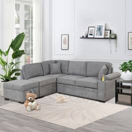 LUCKY ONE - 84.75" 2-in-1 Pull-Out L-Shape Sleeper Sofa Bed w/ Storage Ottoman for Apartment - Gray