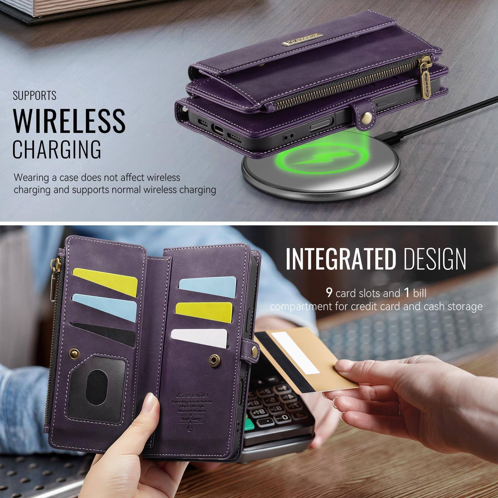 BESTESS

SUPPORTS WIRELESS CHARGING
Wearing a case does not affect wireless charging and supports normal wireless charging

INTEGRATED DESIGN
9 card slots and 1 bill compartment for credit card and cash storage