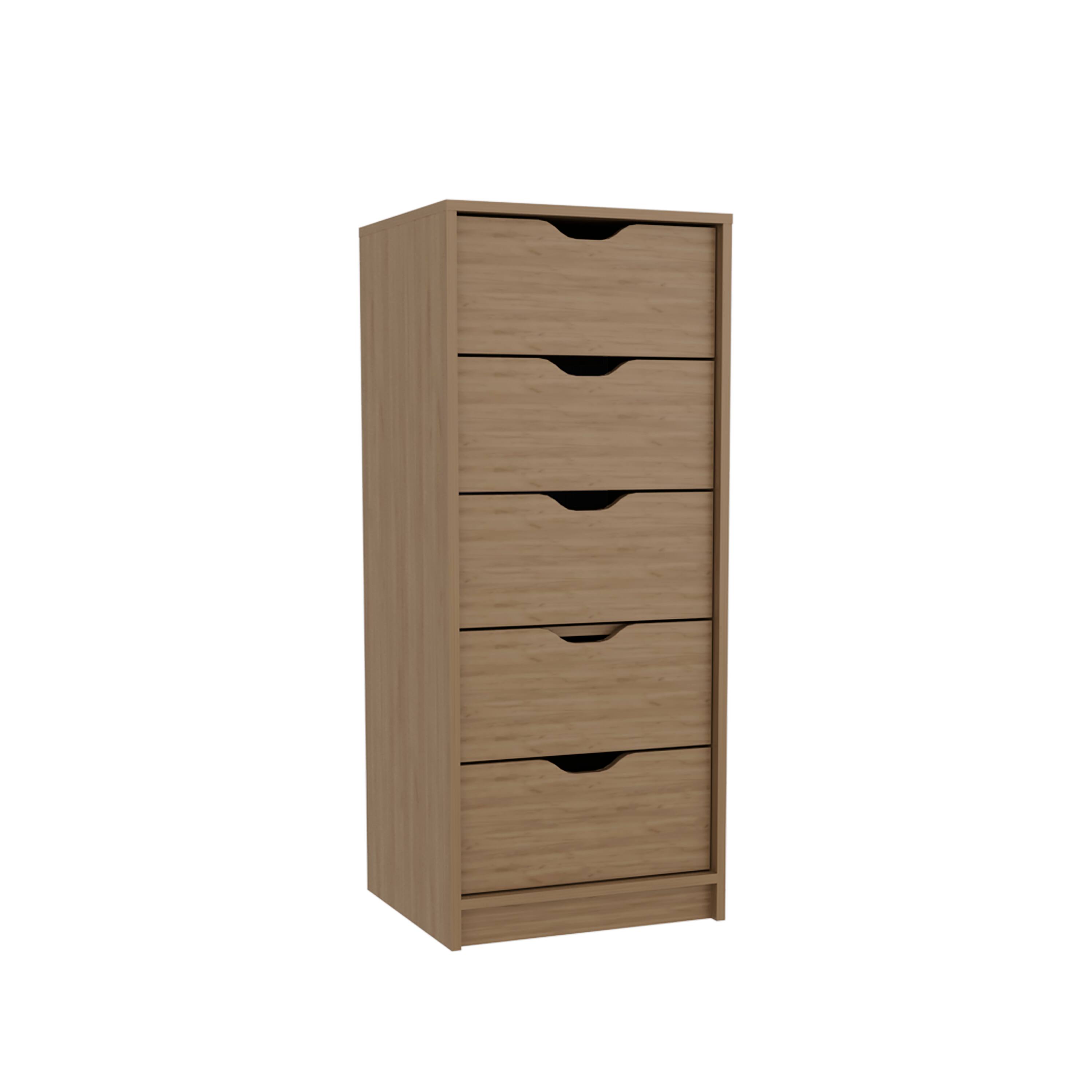 Alt View 2. TuHome - Basilea Tall Narrow Dresser, Pull Out System, Five Drawers - Natural Oak.
