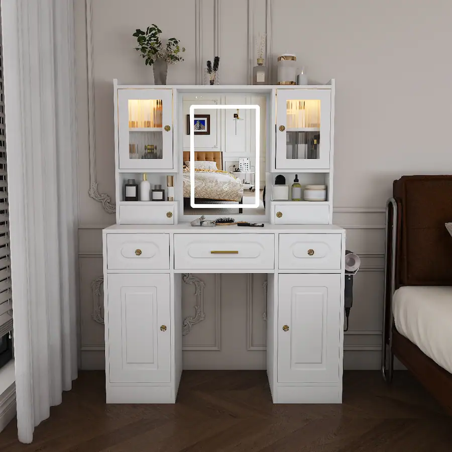 Electrical Outlet Computer Loheer Large Makeup Vanity Table with Mirror, Three Drawers, Shelves ...