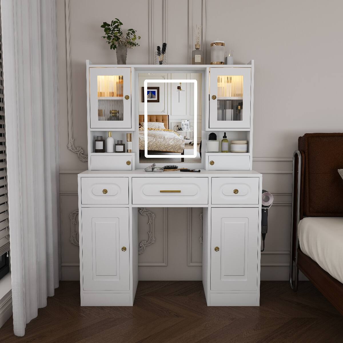 Loheer Large Makeup Vanity Table with Mirror, Three Drawers, Shelves ...