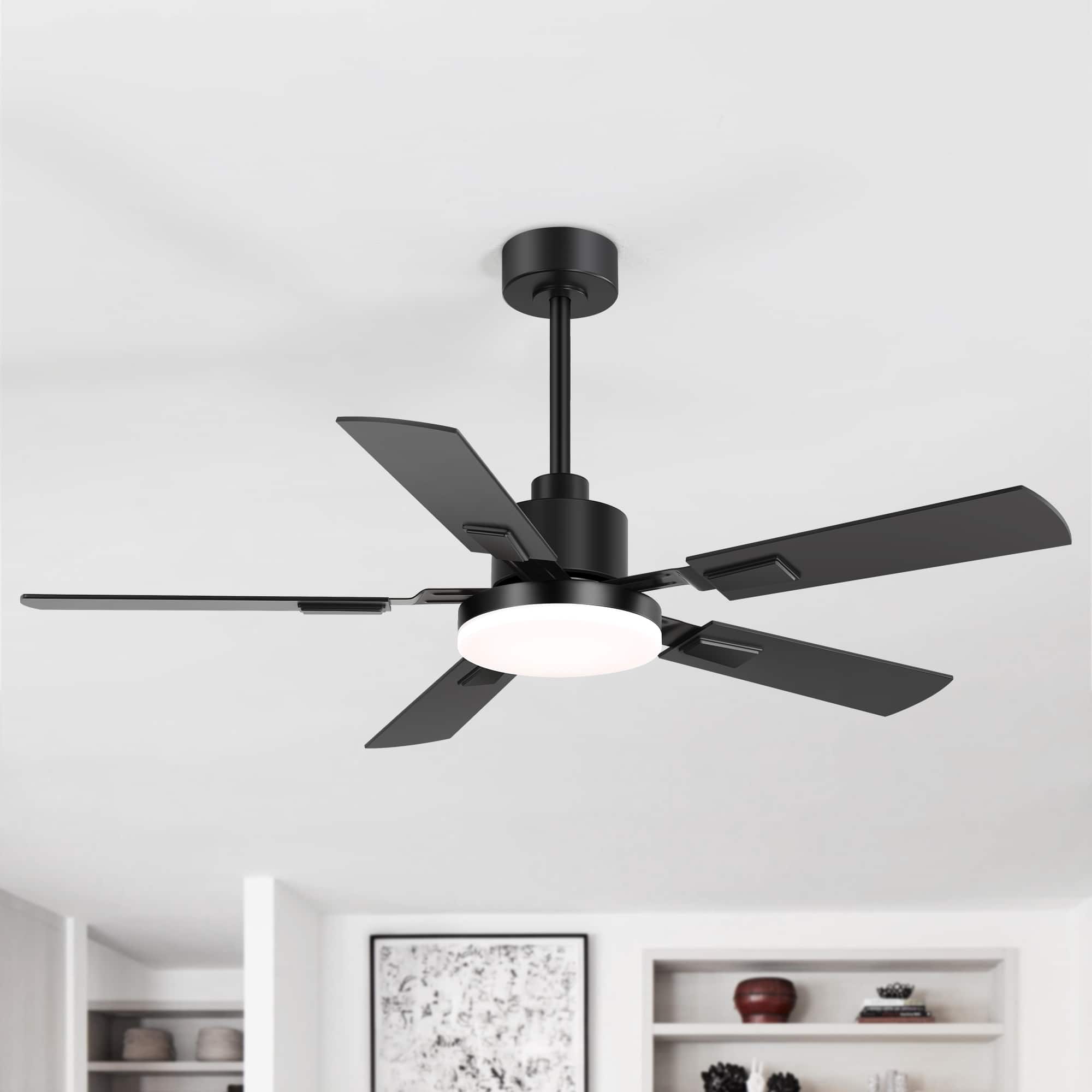 Breezary - 52-in Indoor Ceiling Fan with Light, DC Motor, 6-Speed Remote, 3-Color LED, Reversible Blades, 5"/10" Downrods - Black and Wood Finish