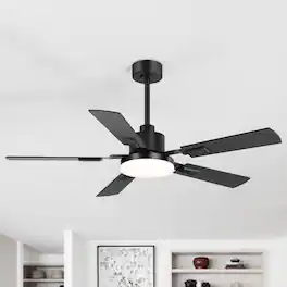 Breezary - 52-in Indoor Ceiling Fan with Light, DC Motor, 6-Speed Remote, 3-Color LED, Reversible Blades, 5"/10" Downrods - Black and Wood Finish