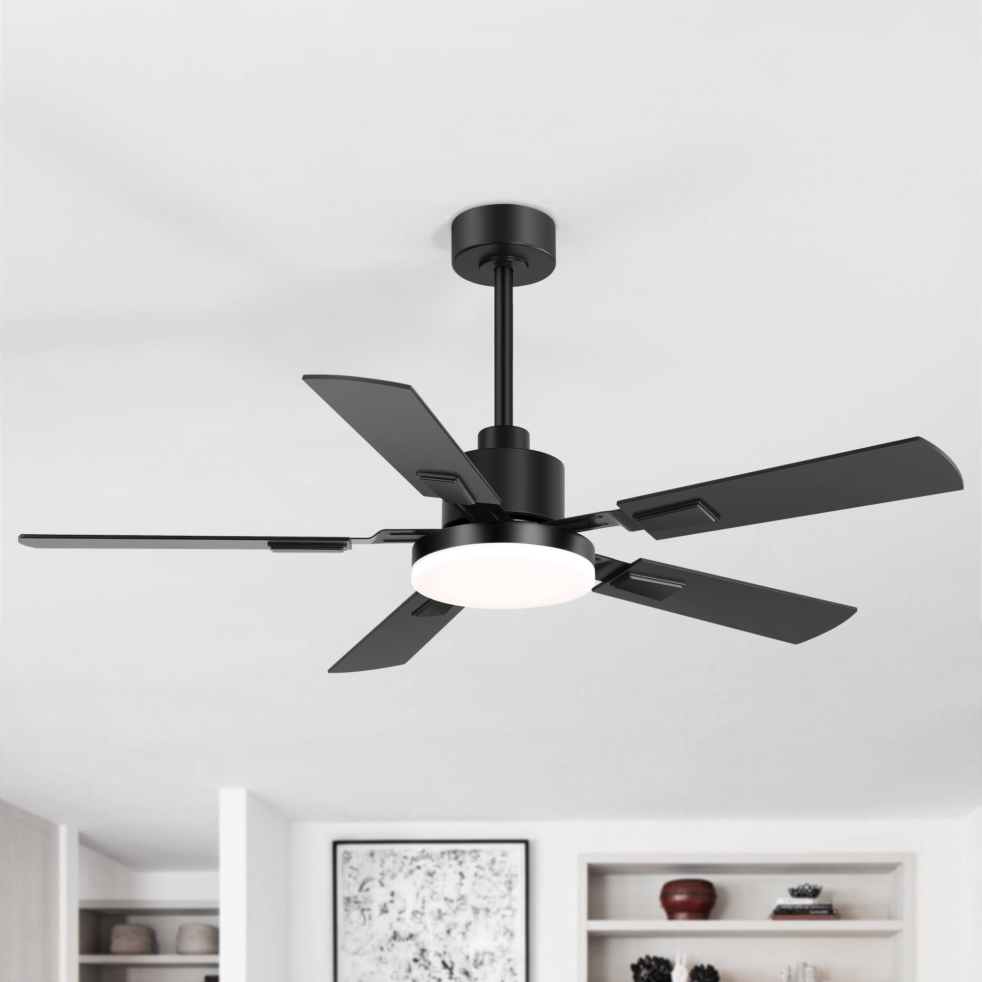 Back. Breezary - 52-in Indoor Ceiling Fan with Light, DC Motor, 6-Speed Remote, 3-Color LED, Reversible Blades, 5"/10" Downrods - Black and Wood Finish.