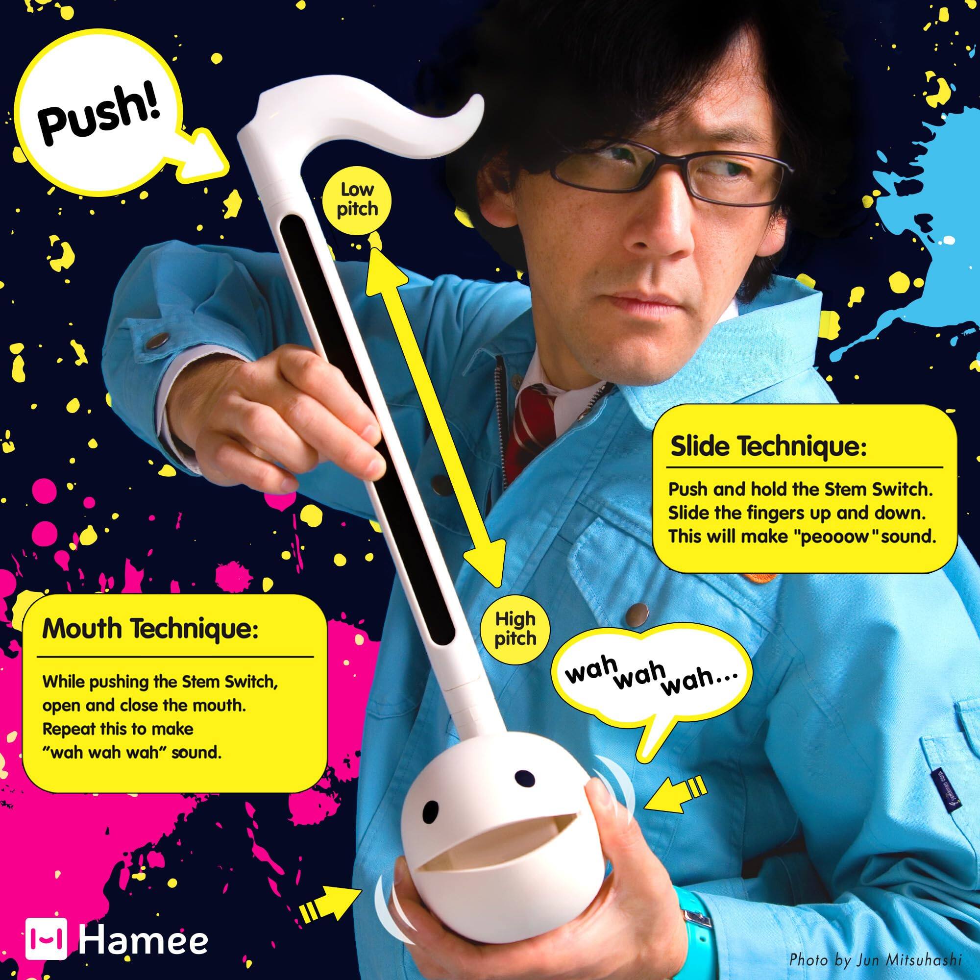 Push!  
Low pitch  
Slide Technique: Push and hold the Stem Switch. Slide the fingers up and down. This will make "peooow" sound.  
Mouth Technique: While pushing the Stem Switch, open and close the mouth. Repeat this to make "wah wah wah" sound.  
High pitch wah wah wah...  
-| Hamee  
Photo by Jun Mitsuhashi