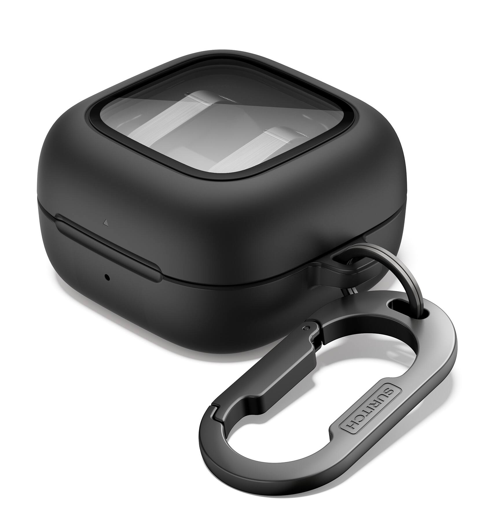 Angle. SURITCH - Headphone Case for Samsung Galaxy Buds 4 Pro /Galaxy Buds 4 (2026),Bumpe Shockproof Cover with Magnetic Lock & Carabiner - Black.