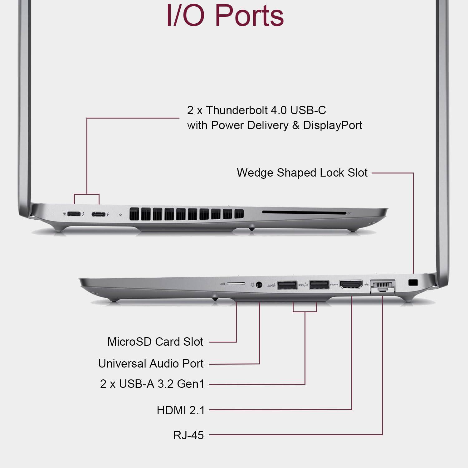 I/O Ports

2 x Thunderbolt 4.0 USB-C with Power Delivery & DisplayPort

Wedge Shaped Lock Slot

MicroSD Card Slot

Universal Audio Port

2 x USB-A 3.2 Gen1

HDMI 2.1

RJ-45