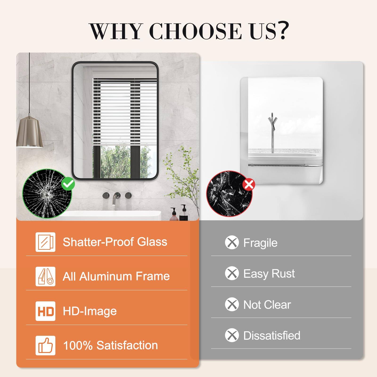 WHY CHOOSE US?

- Shatter-Proof Glass
- All Aluminum Frame
- HD-Image
- 100% Satisfaction

- Fragile
- Easy Rust
- Not Clear
- Dissatisfied