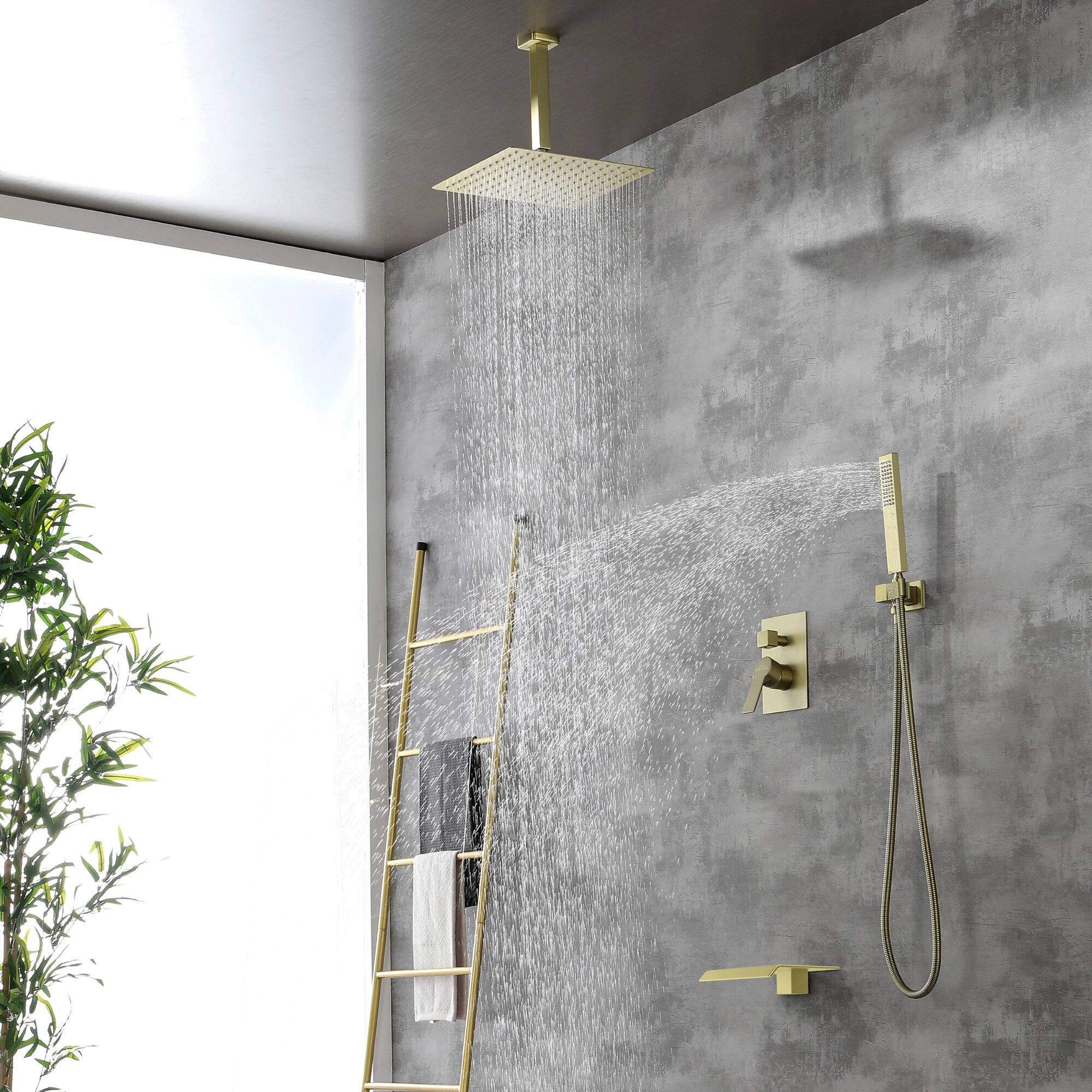 Left. Boyel Living - Ceiling Mount Single-Handle 1-Spray Tub and Shower Faucet in Brushed Gold - 12 Inch (Valve Included) - Brushed Gold.