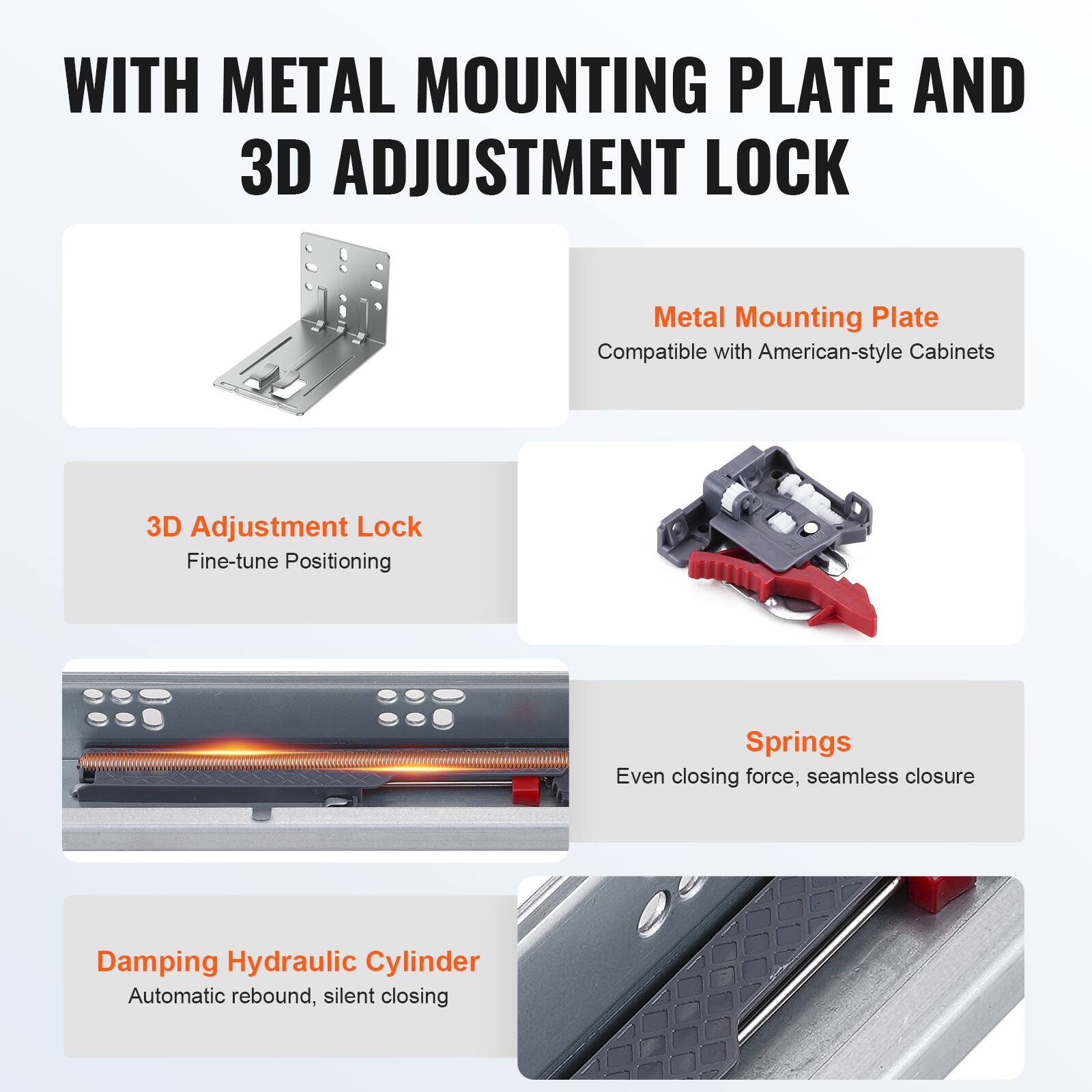 WITH METAL MOUNTING PLATE AND 3D ADJUSTMENT LOCK

- Metal Mounting Plate
  - Compatible with American-style Cabinets

- 3D Adjustment Lock
  - Fine-tune Positioning

- Springs
  - Even closing force, seamless closure

- Damping Hydraulic Cylinder
  - Automatic rebound, silent closing