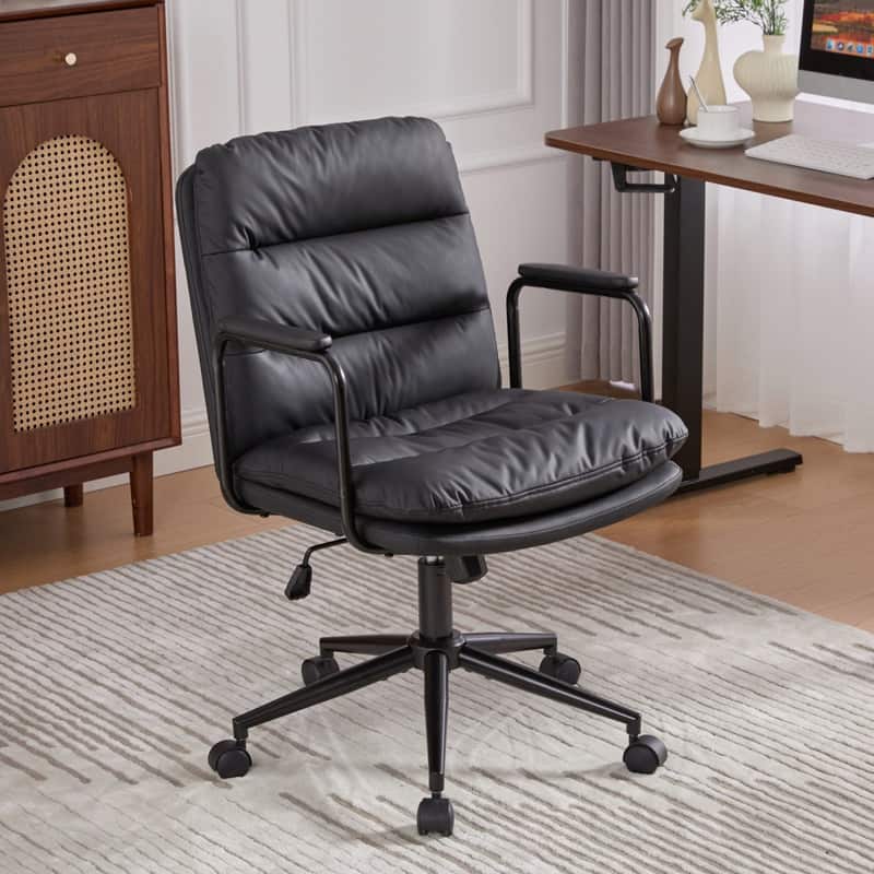 HTUTWOO - PU Leather Office Chair, 360° Swivel, Height Adjustable with Wheels & Padded Arms,for Home Office, Study - Black