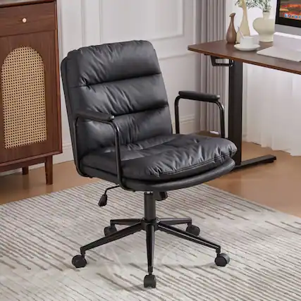 Front. HTUTWOO - PU Leather Office Chair, 360° Swivel, Height Adjustable with Wheels & Padded Arms,for Home Office, Study - Black.