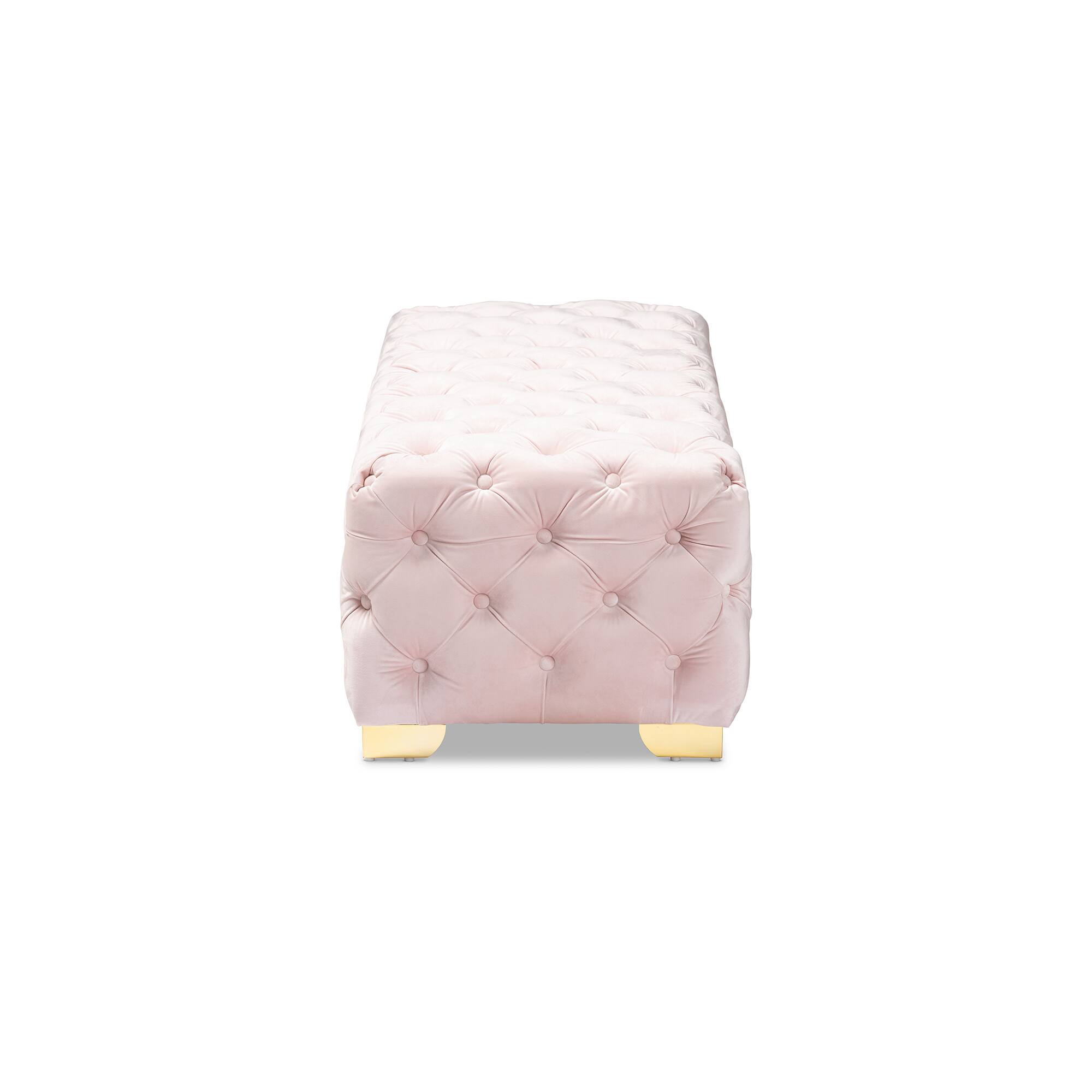 Left. Baxton Studio - Avara Glam and Luxe Velvet Fabric Upholstered Gold Finished Button Tufted Bench Ottoman - Light Pink/Gold.