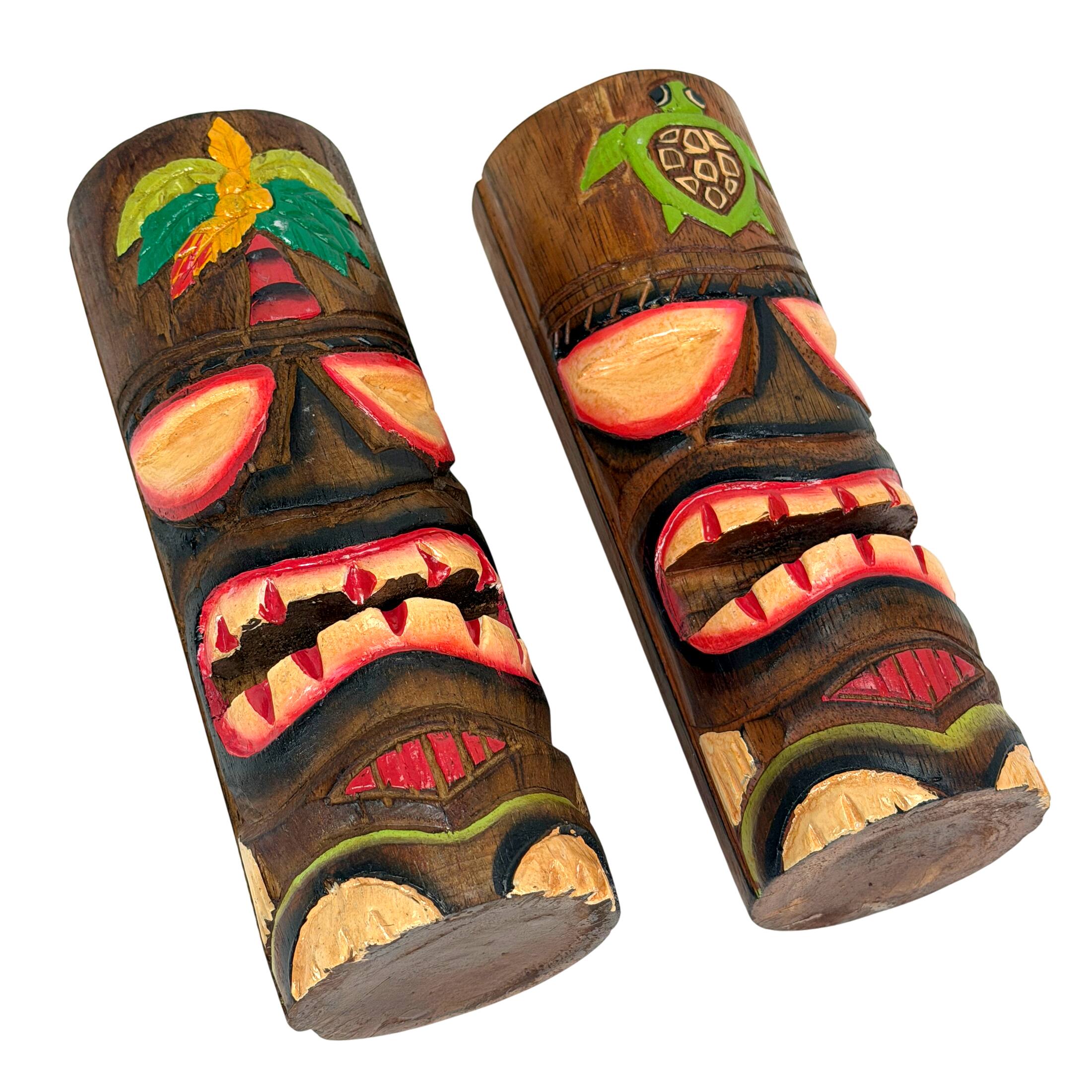 Alt View 2. Things2Die4 - Hand Carved Wood Tiki Totem Pole Statues Set of 2 8 Inch Tall Turtle Palm Decor - Brown.