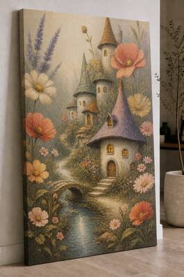 FC Design - Large Ready-to-Hang 24x36"- Fantasy Flower Village Art Painting Home Wall Décor - MultiColor