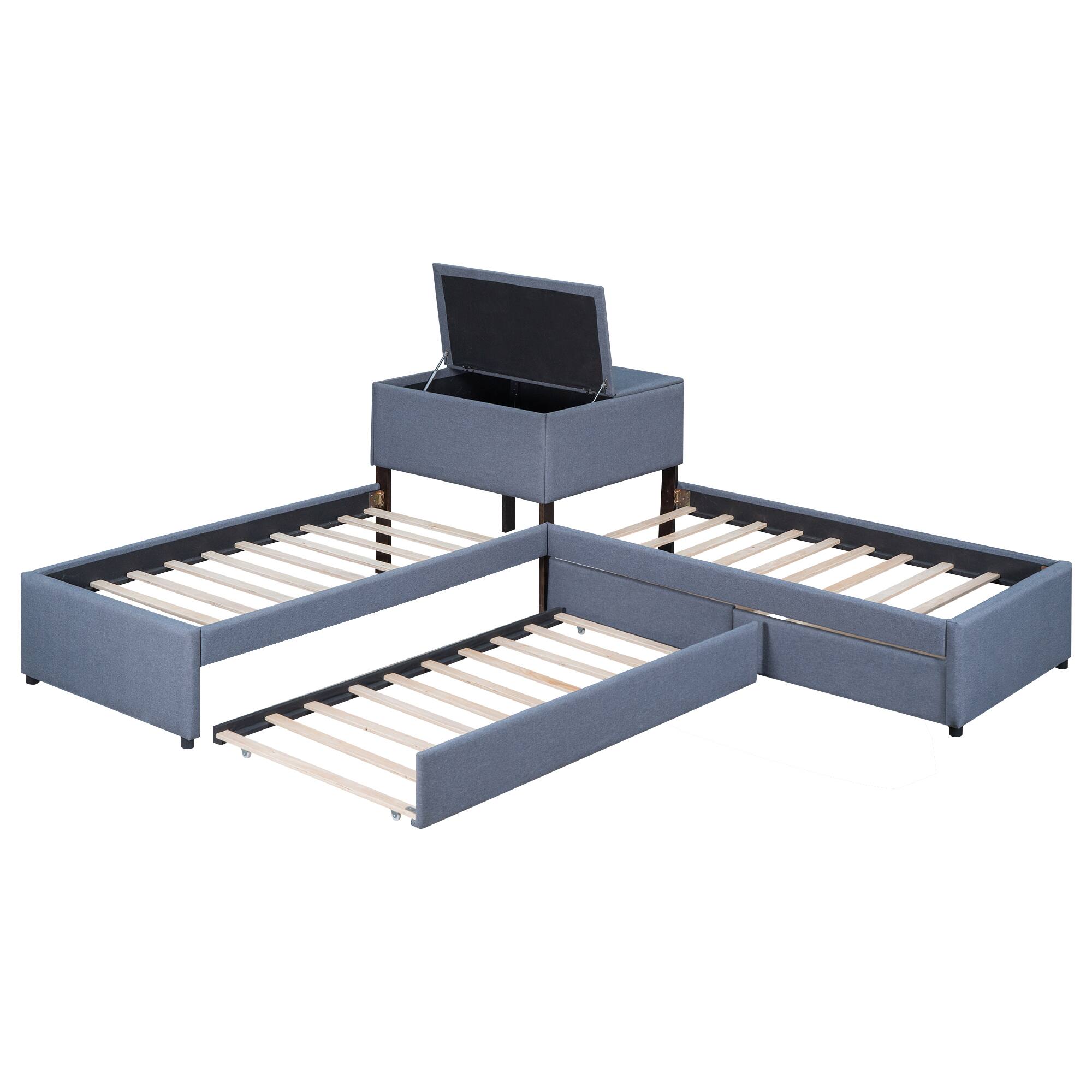 Alt View 2. Whisen - Twin Size 3-Bed L-Shaped Platform Bed with Trundle, Storage Drawers, Built-in Desk, Linen Upholstery - Blue-Gray.