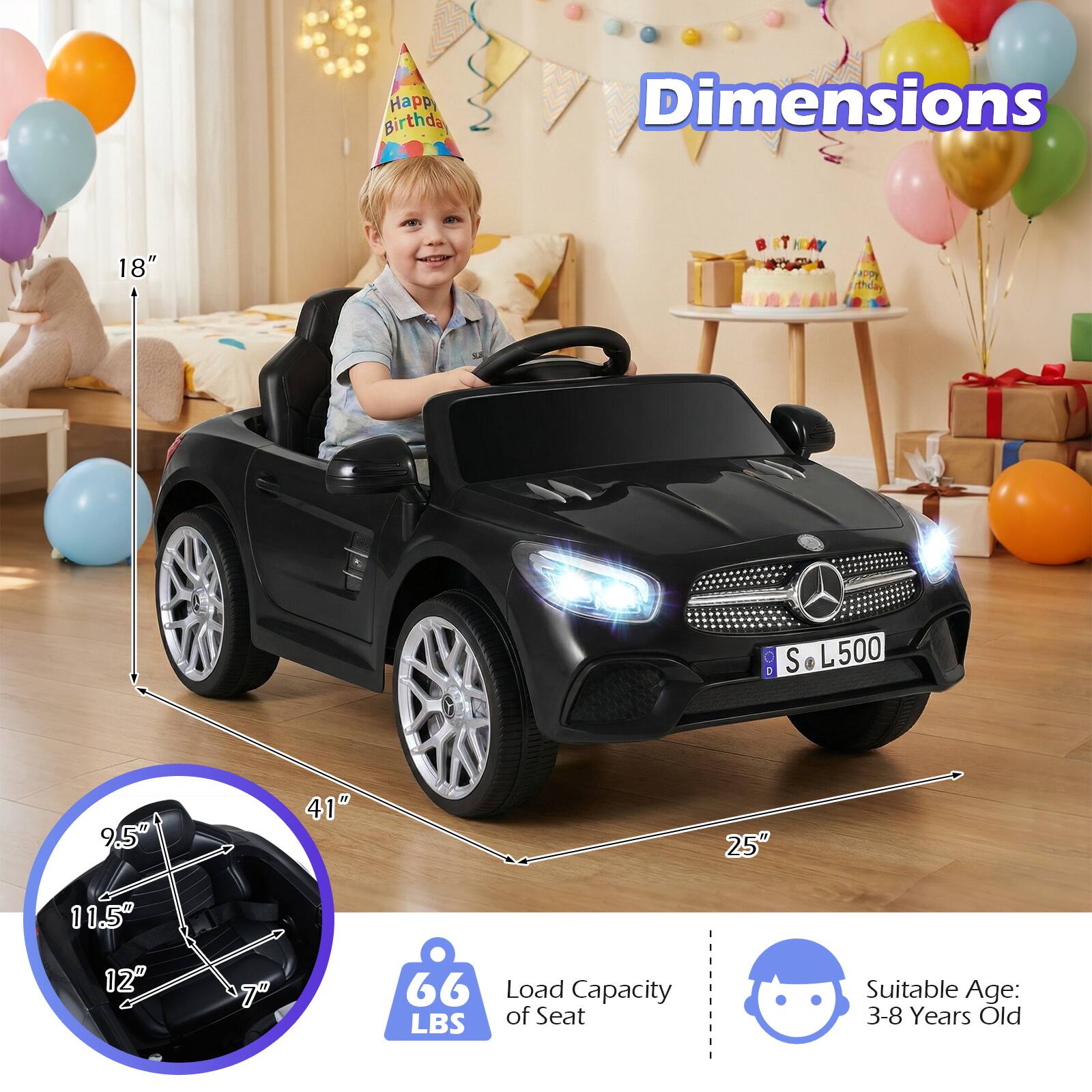Happy Birthday

Dimensions:
- 18"
- 41"
- 25"

Load Capacity of Seat: 66 LBS

Suitable Age: 3-8 Years Old