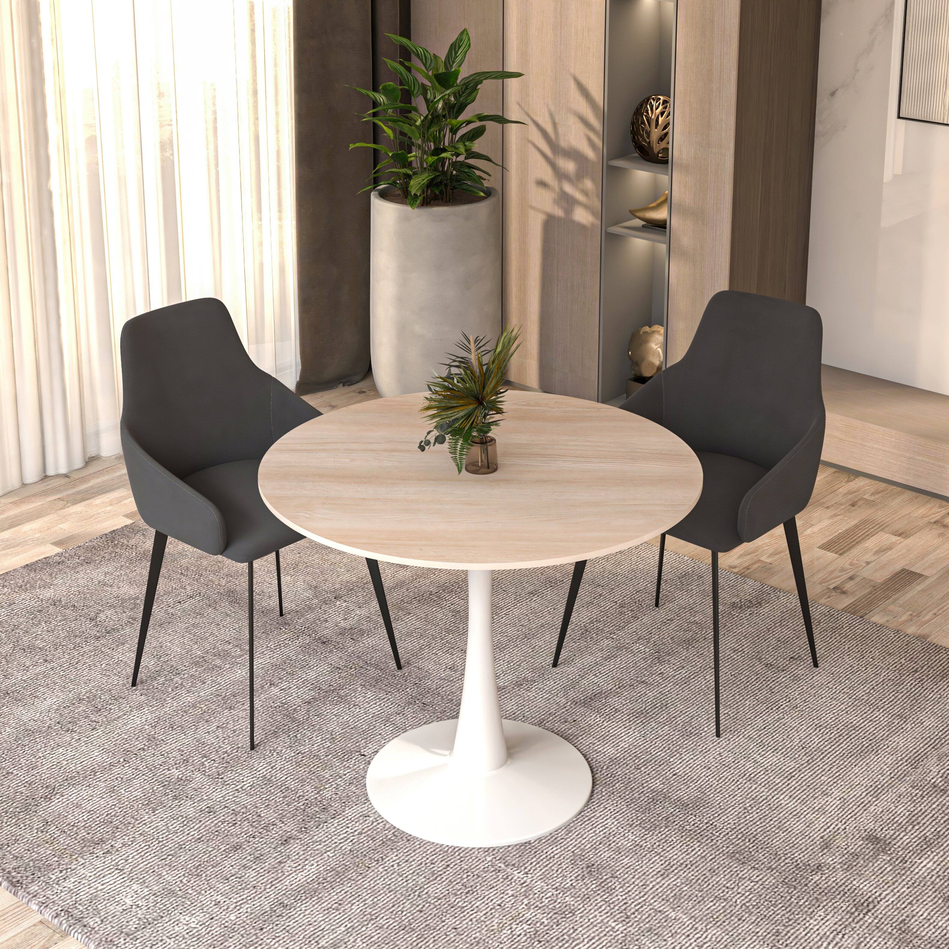 Angle. LeisureMod - Bristol Modern 35" MDF/Stone Round Dining Table, Mid-Century with White Pedestal Base for Kitchen - Stone - Natural Wood.
