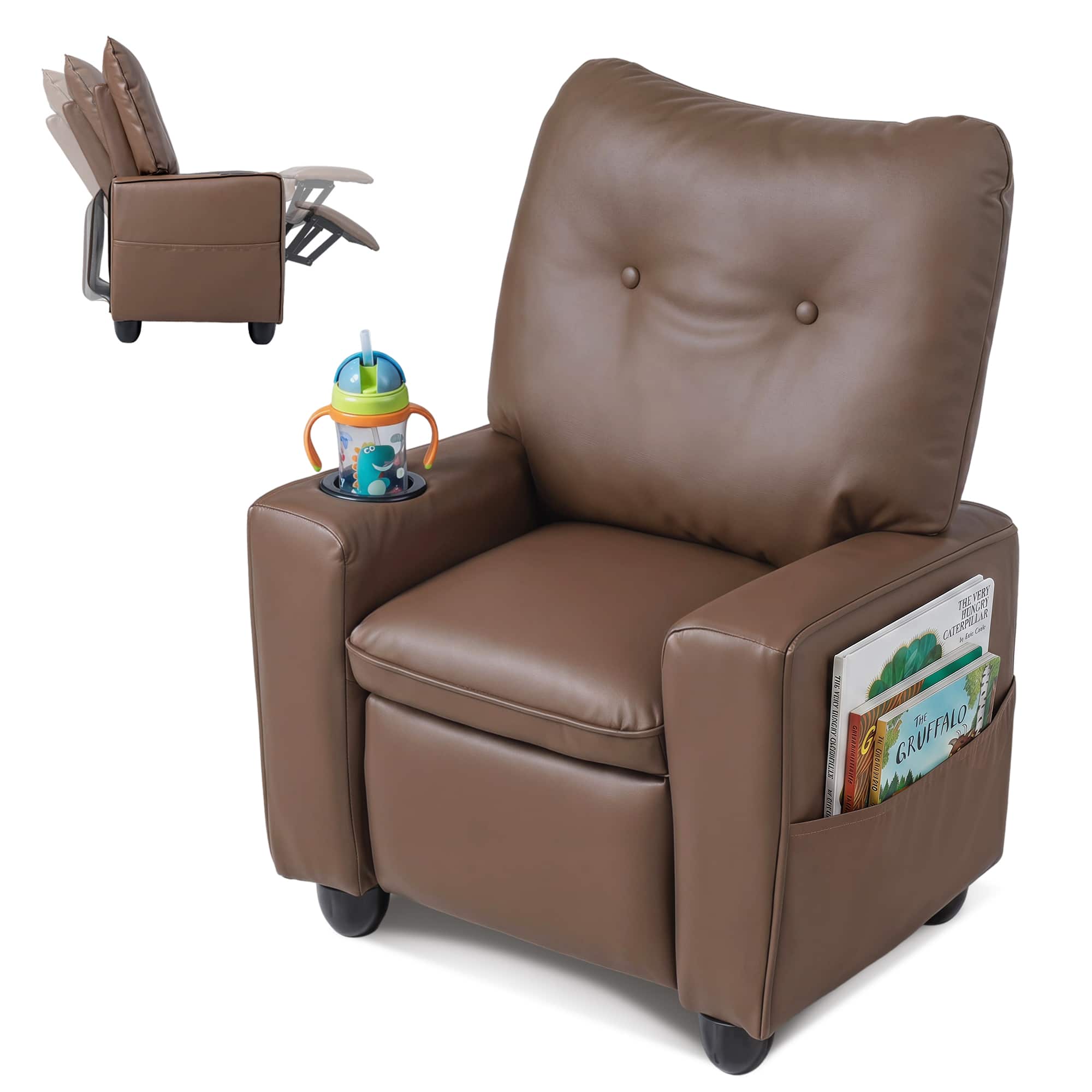 Costway - Kids Recliner for Ages 3+, PU Leather Push Back Toddler Sofa with Cup Holder - Brown