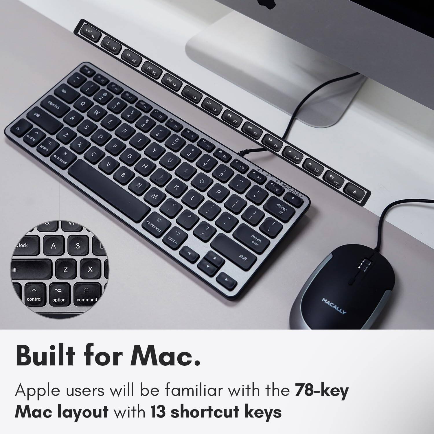 The text on the image reads:

"Built for Mac. Apple users will be familiar with the 78-key Mac layout with 13 shortcut keys."