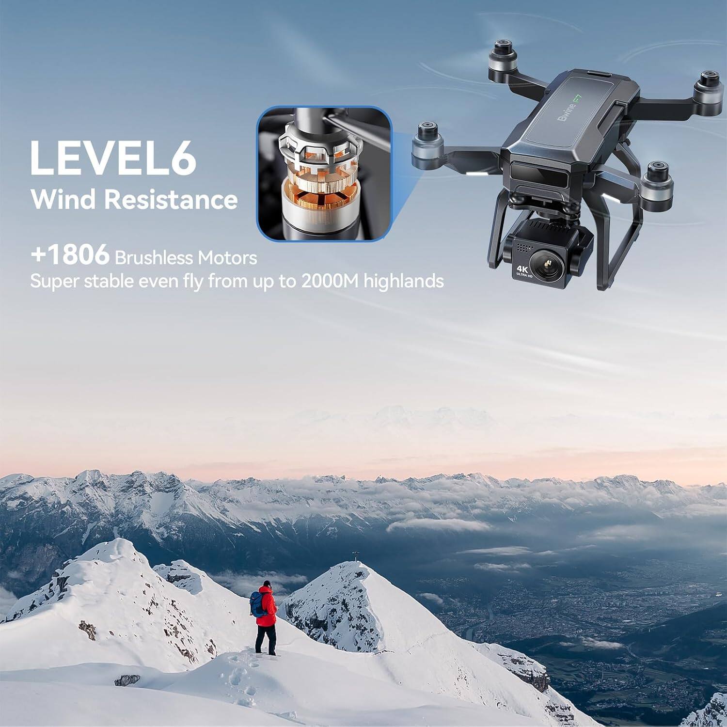 LEVEL6  
Wind Resistance  
+1806 Brushless Motors  
Super stable even fly from up to 2000M highlands