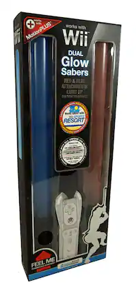 works with MotionPLUS
works with Wii
DUAL Glow Sabers
RED & BLUE ATTACHMENTS LIGHT UP FOR YOUR WII REMOTE WITH COMPATIBLE MOTIONPLUS
Works GREAT with WII SPORTS RESORT
SWORD ATTACHMENTS
THE FORCE UNLEASHED
LIGHTSABER DUELS
STAR WARS: THE CLONE WARS
WORKS WITH GAMES + AI
FEEL ME
RUBBERIZED SURFACES - E10+ (Everyone 10+)