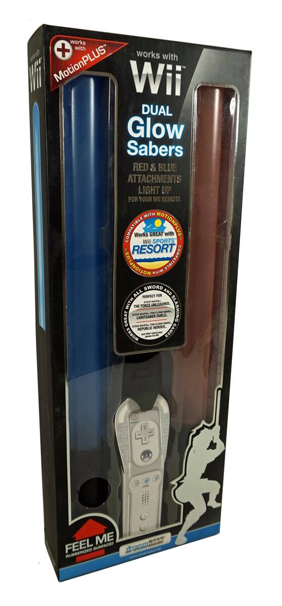 works with MotionPLUS  
works with Wii  
DUAL Glow Sabers  
RED & BLUE ATTACHMENTS LIGHT UP FOR YOUR WII REMOTE WITH COMPATIBLE MOTIONPLUS  
Works GREAT with WII SPORTS RESORT  
SWORD ATTACHMENTS  
THE FORCE UNLEASHED  
LIGHTSABER DUELS  
STAR WARS: THE CLONE WARS  
WORKS WITH GAMES + AI  
FEEL ME  
RUBBERIZED SURFACES