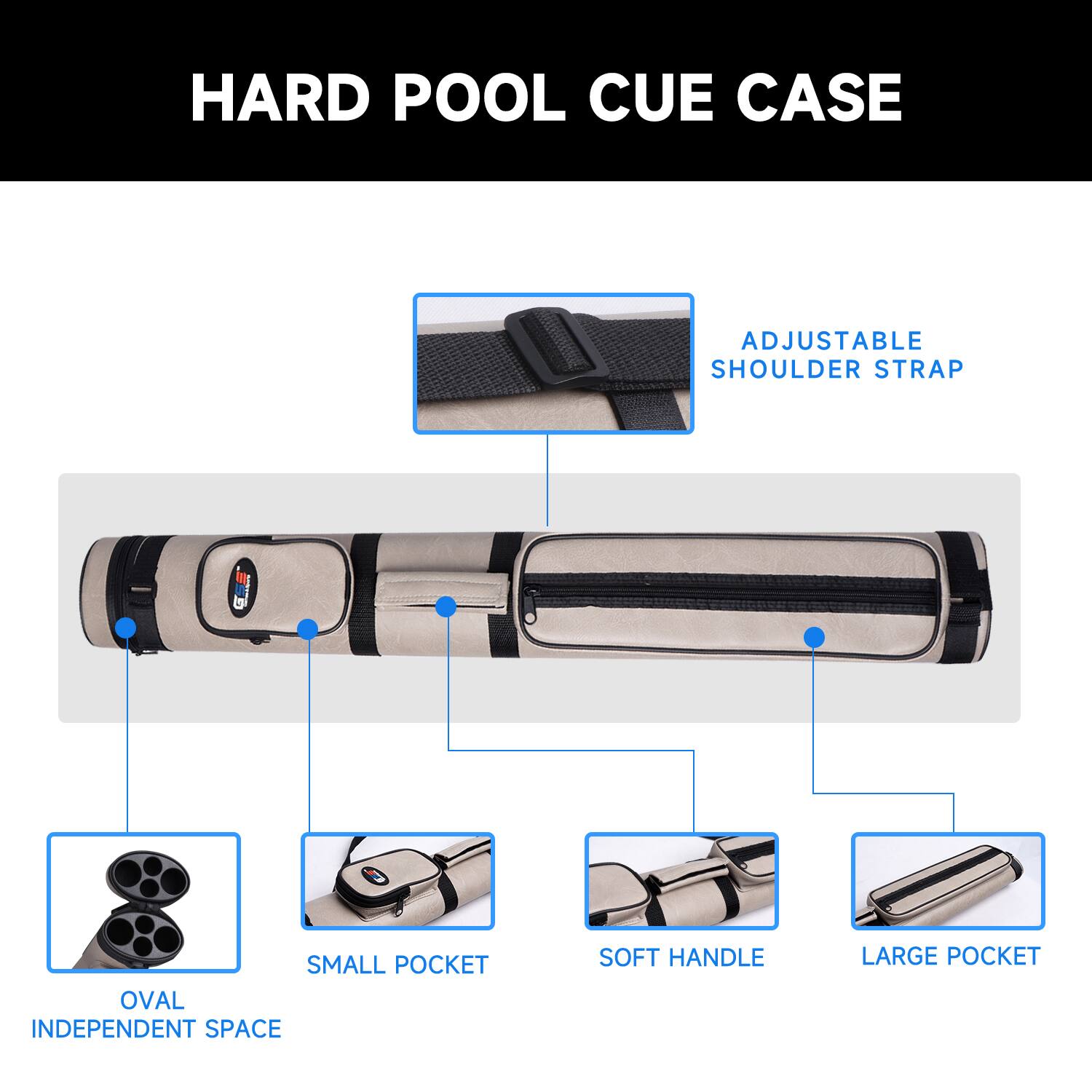 HARD POOL CUE CASE
ADJUSTABLE SHOULDER STRAP
SMALL POCKET
OVAL INDEPENDENT SPACE
SOFT HANDLE
LARGE POCKET