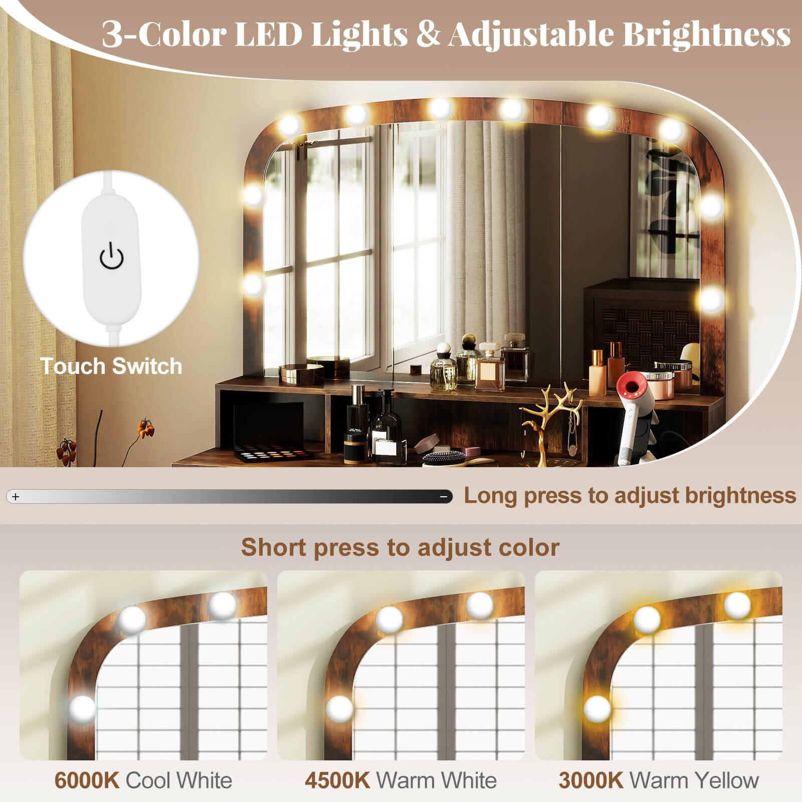 3-Color LED Lights & Adjustable Brightness

Touch Switch

Long press to adjust brightness

Short press to adjust color

6000K Cool White

4500K Warm White

3000K Warm Yellow