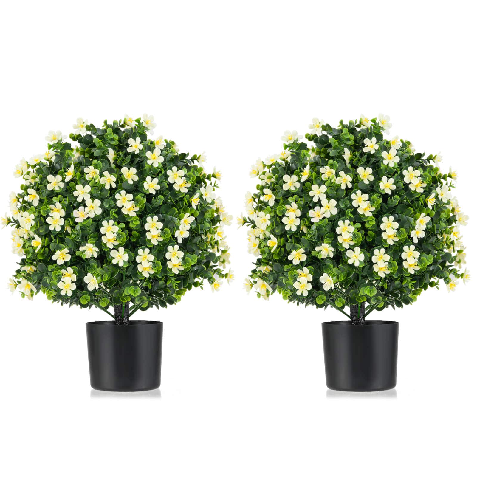 Costway - 2 Pack Artificial Boxwood Topiary Ball Tree Faux Shrub Bushes with Flowers - White