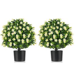 Costway - 2 Pack Artificial Boxwood Topiary Ball Tree Faux Shrub Bushes with Flowers - White