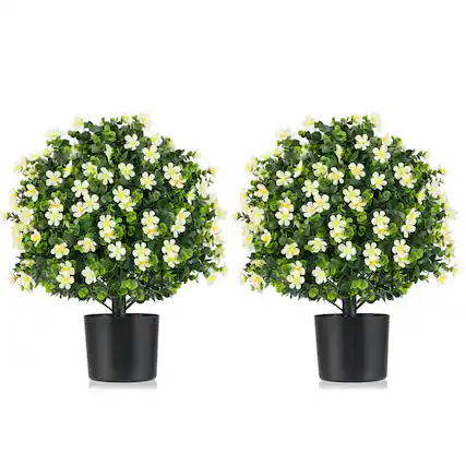 Front. Costway - Costway 2 Pack Artificial Boxwood Topiary Ball Tree Faux Shrub Bushes with Flowers White - White.